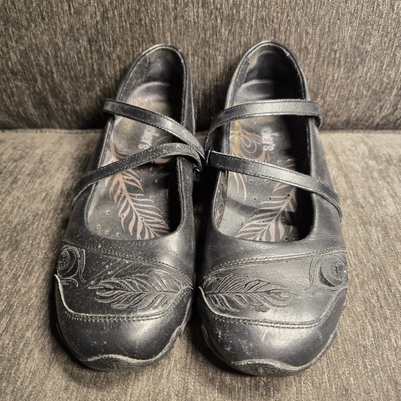 Skechers Shoes - Skechers Bikers Black Leather Embossed Feather Mary Jane Flats Shoes Womens 7.5